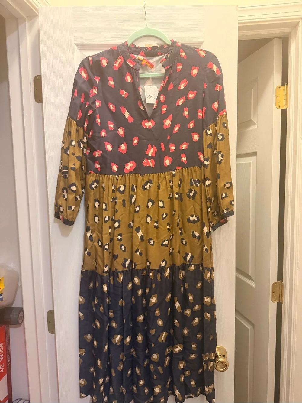 Free People Mixed-Print Tiered Midi Dress in Black, Mustard & Pink